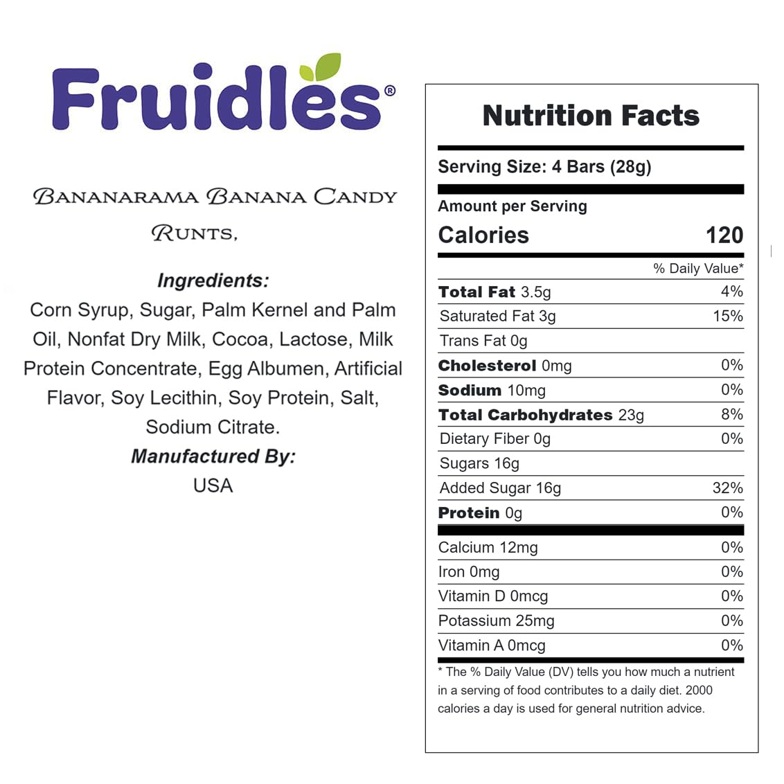Fruidles Bananarama Runts closeup showing ingredients and vivid color.