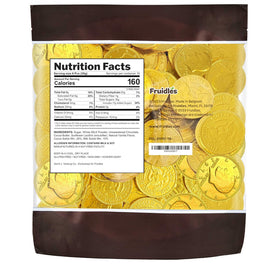 Fruidles Belgian chocolate coins close-up reveals detailed coin design and gold foil.