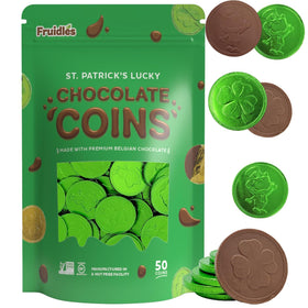 Candy buffet display featuring green shamrock Leprechaun coins