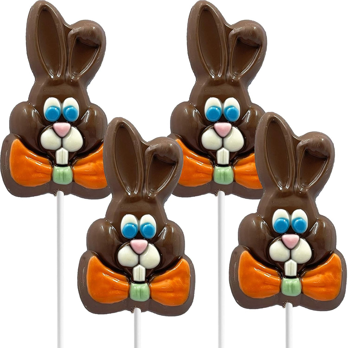 Fruidles decorated Easter bunny big chocolate lollipop front view—festive decoration and tasty party favor.