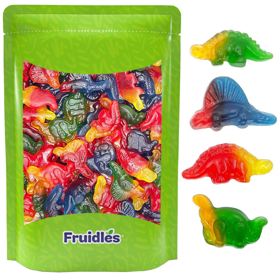 Fruidles Dinosaur Gummies close-up showing bright fruity shapes for snacking.