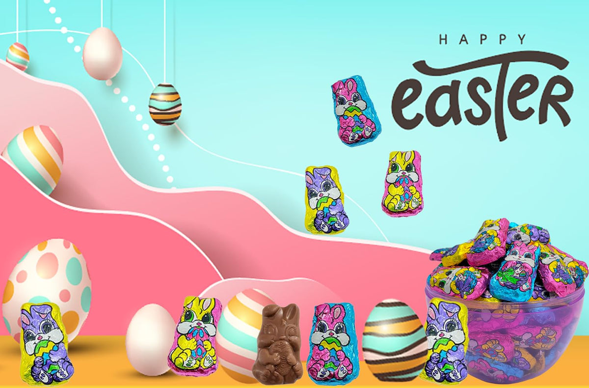 Fruidles Easter Bunnies in multicolor foils for festive gifting.