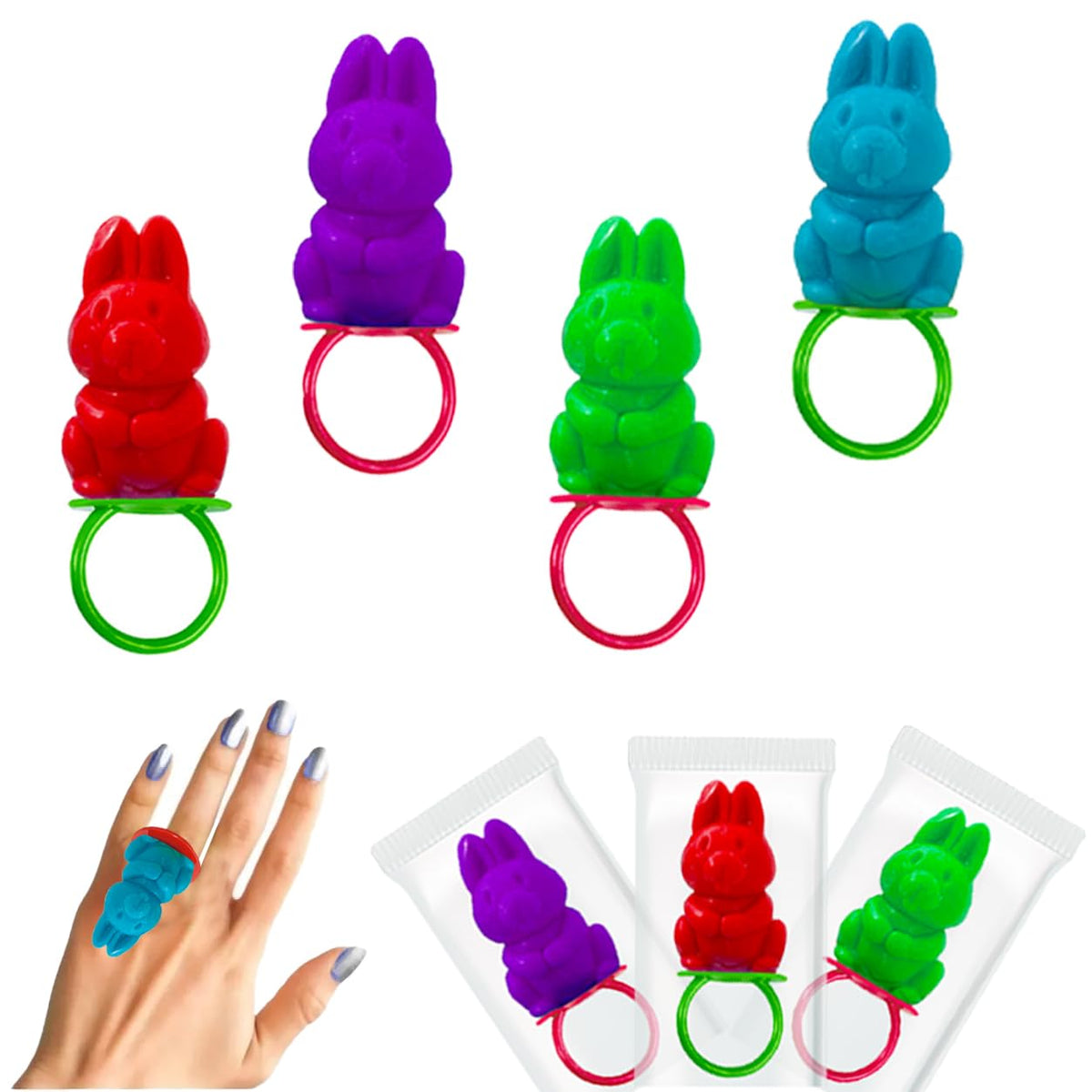 Fruidles Easter Bunny Candy Rings front view in vibrant colors for party favors.