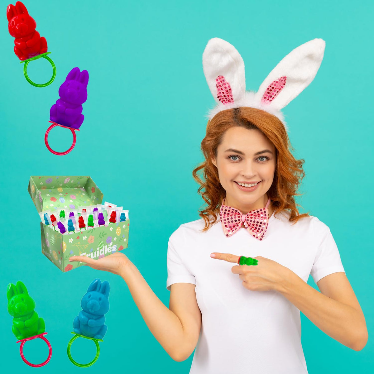 Fruidles Easter Bunny Candy Rings on party bags for favors.