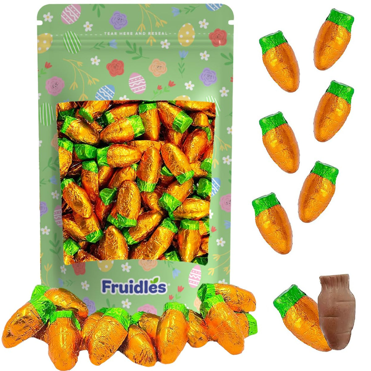 Fruidles Easter milk chocolate carrots in a box with orange foils for gifting