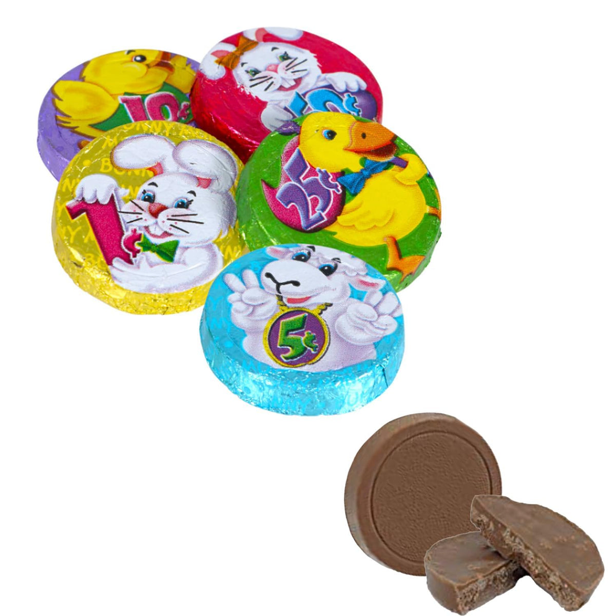 Fruidles Easter coins shown in half-pound to 24-pound bags for bulk parties
