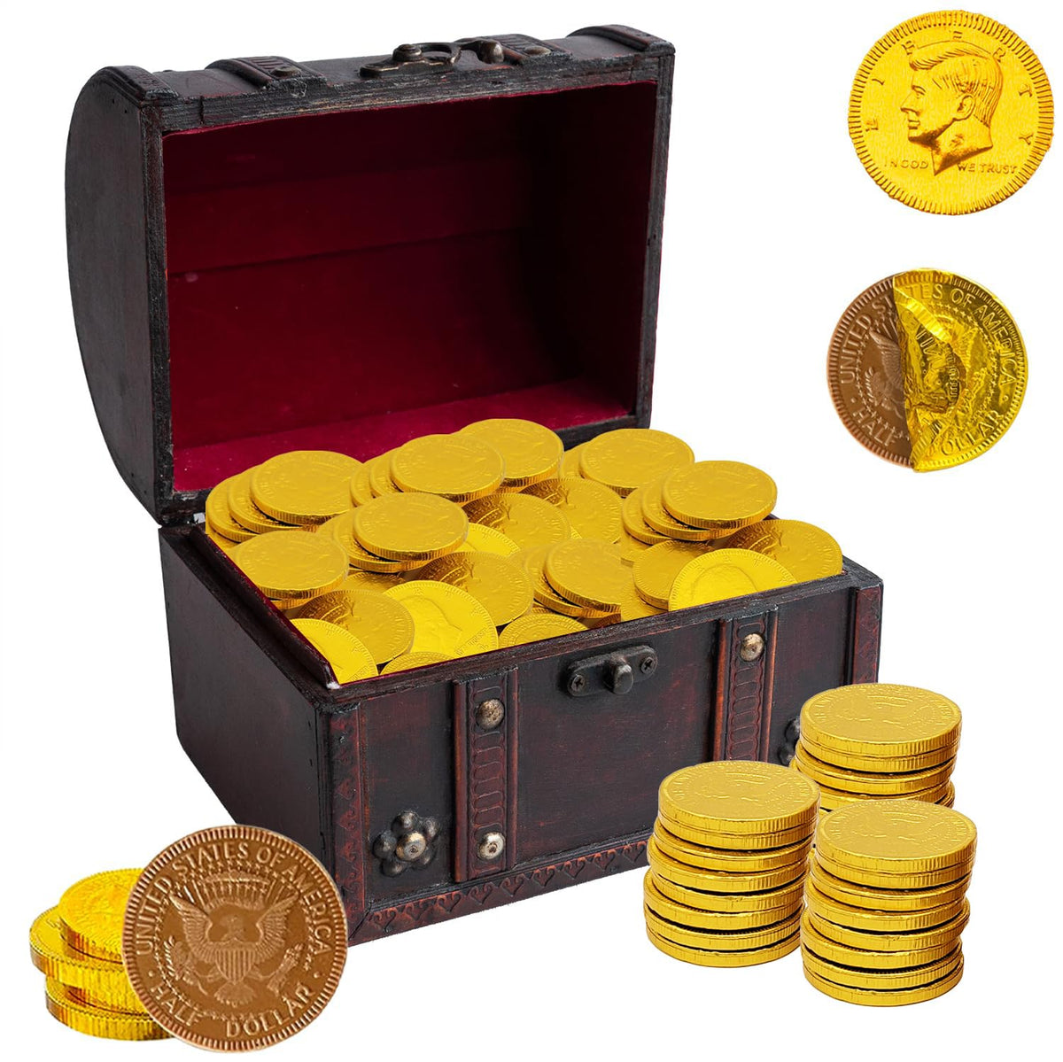 Fruidles gold coins displayed with intricate foil detail for luxury presentation.