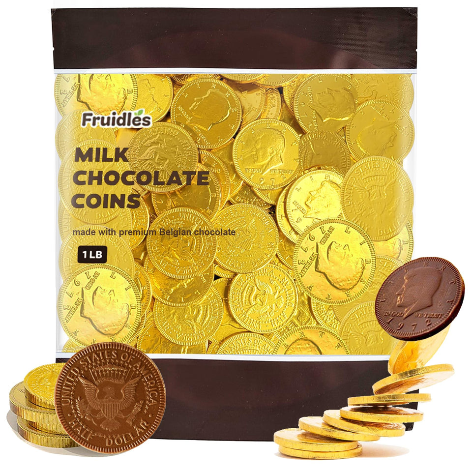 Fruidles gold half-dollar coins in packaging highlight premium Belgian chocolate.