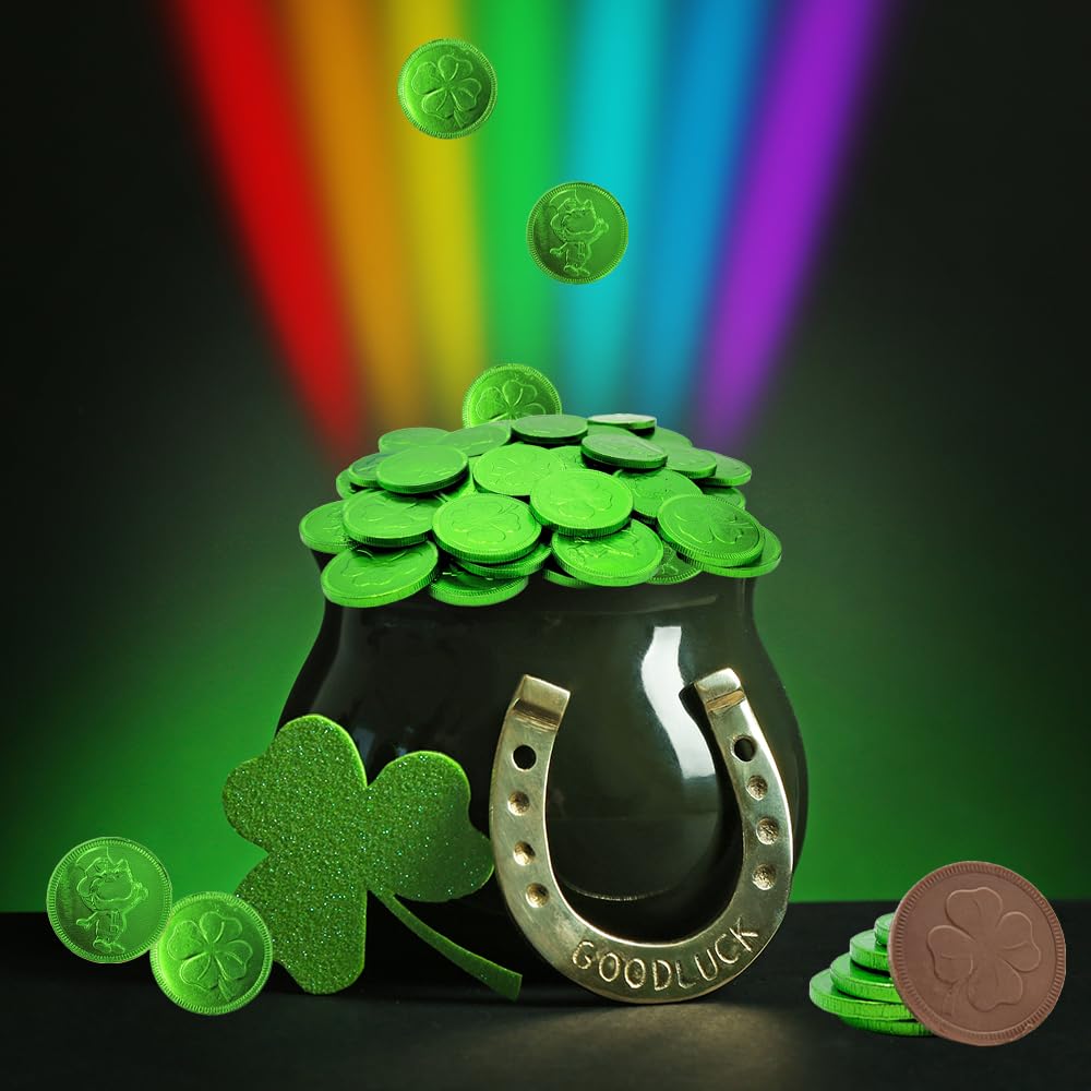 Goody bags filled with mint-green chocolate coins as party favors