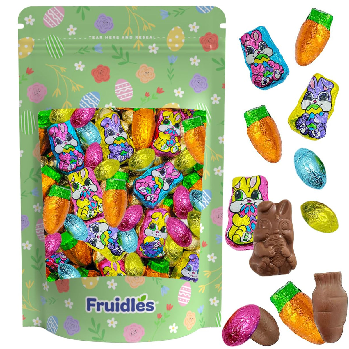 Fruidles Happy Easter milk chocolate eggs in colorful foils, perfect for party favors.