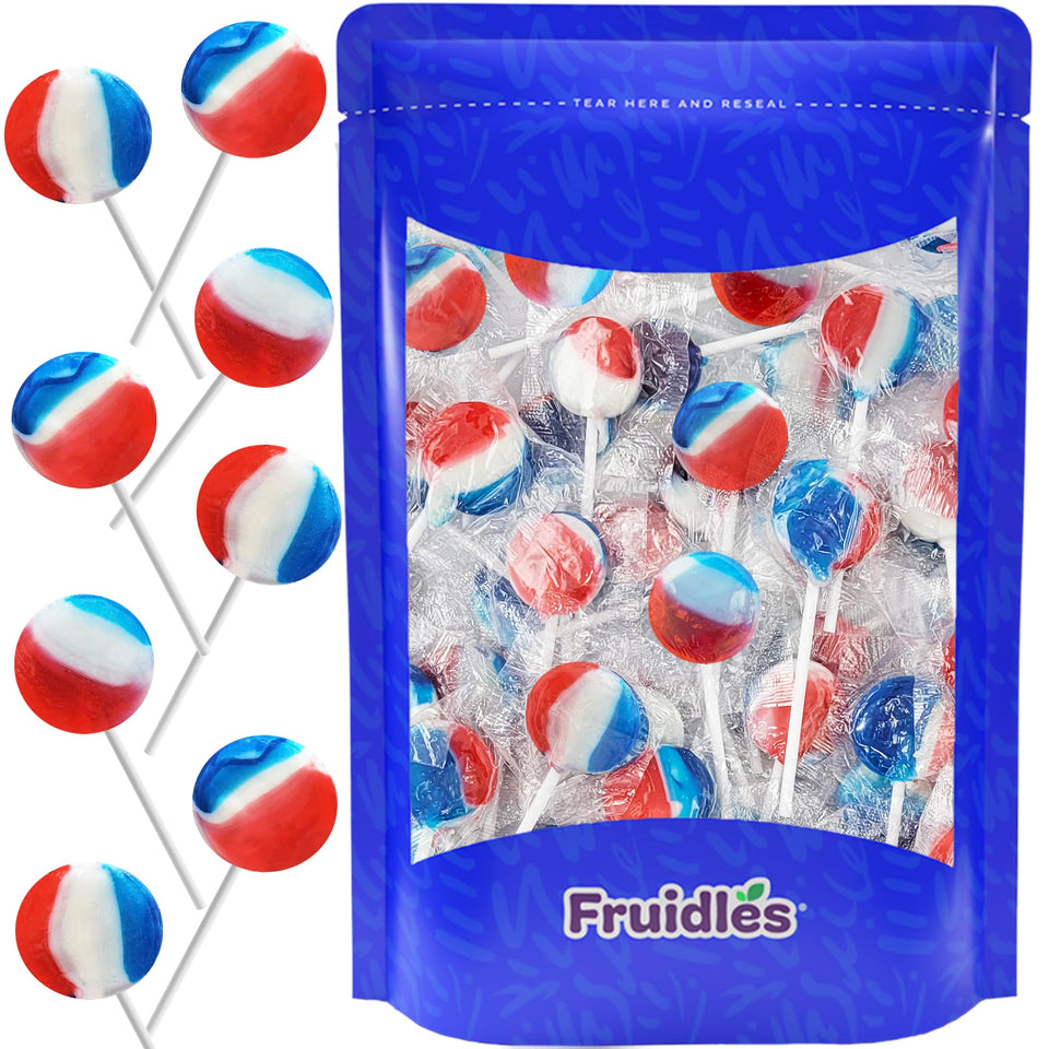 Fruidles patriotic stripe cherry lollipops with red white blue swirls for celebrations
