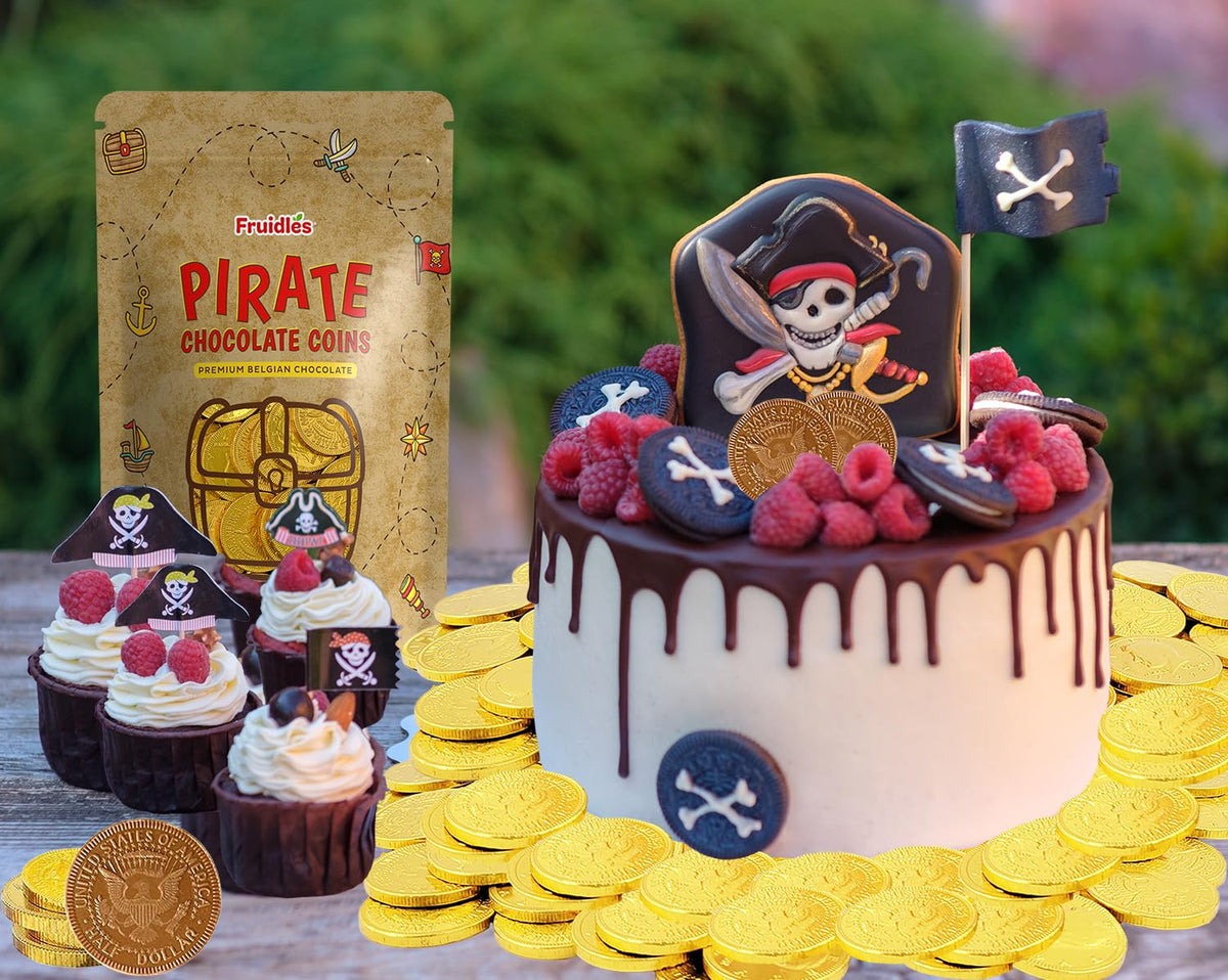 Fruidles Pirate Belgian Milk Chocolate Coins candy buffet centerpiece.