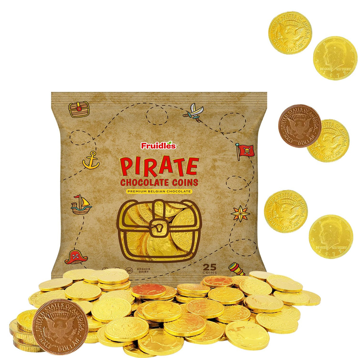 Fruidles Pirate Belgian Milk Chocolate Coins closeup shows smooth texture.