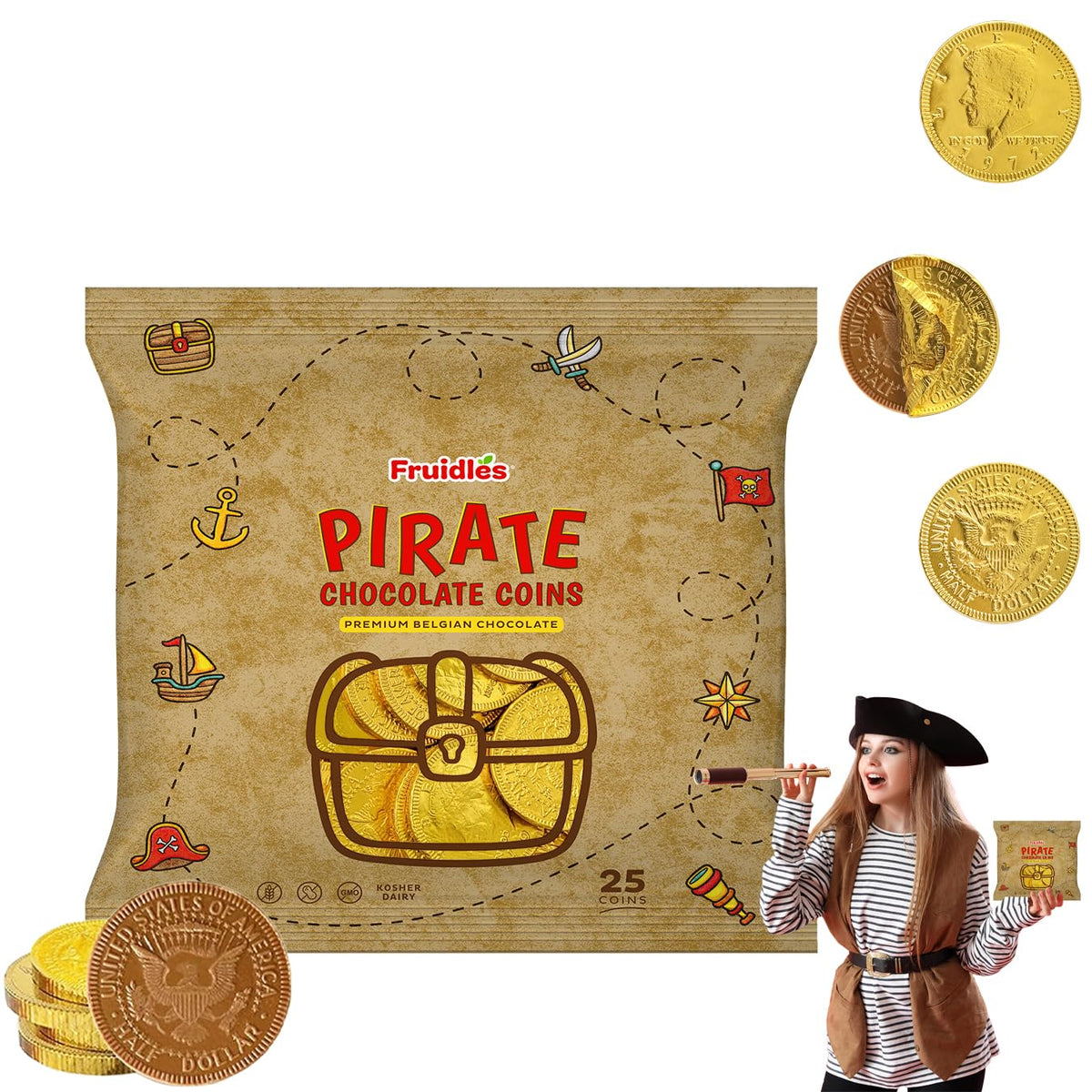 Fruidles Pirate Belgian Milk Chocolate Coins foil-wrap for festive celebrations.