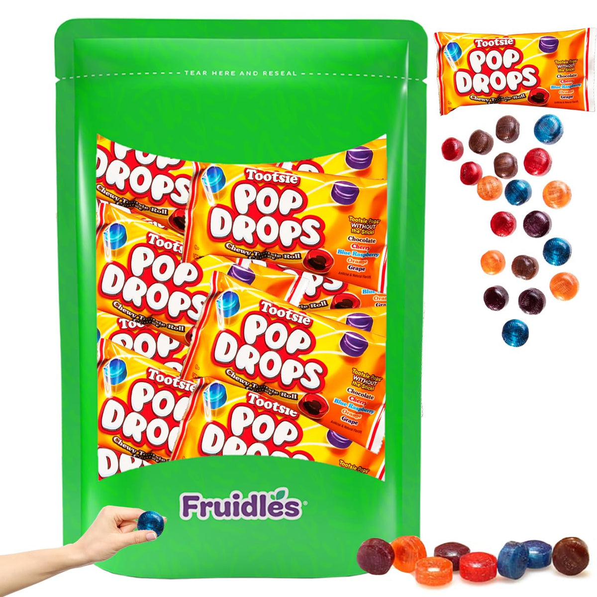Fruidles Pop Drops with chewy roll center and chocolate filling, ideal for party favors and sharing.
