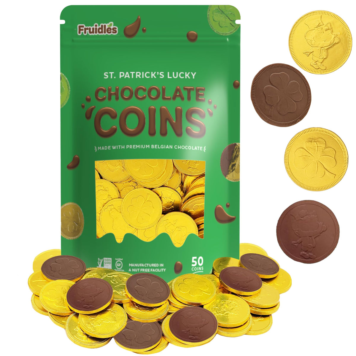 Fruidles St Patrick's Day gold foil coins arranged for a festive candy buffet