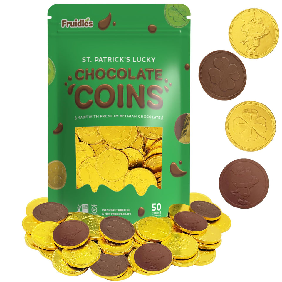 Fruidles St Patrick's Day gold foil coins arranged for a festive candy buffet