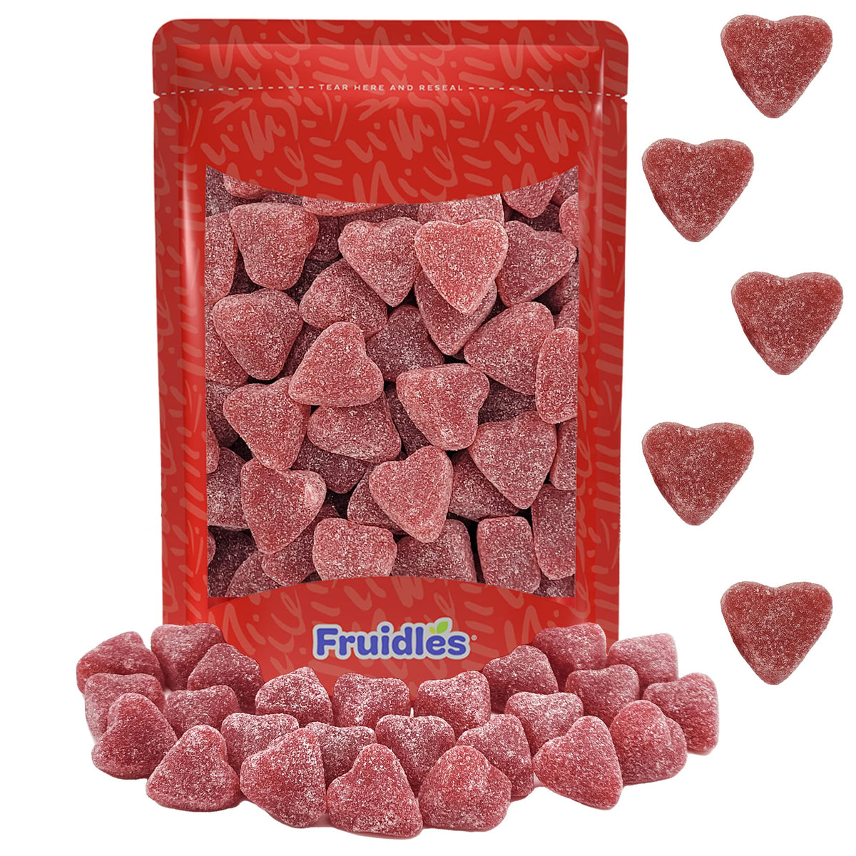 Fruidles coated cinnamon hearts close-up shows glossy, spicy-sweet candy coating