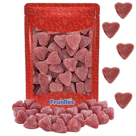Fruidles coated cinnamon hearts close-up shows glossy, spicy-sweet candy coating