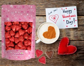Fruidles heart-shaped chocolates in festive red foil, easy to share during parties