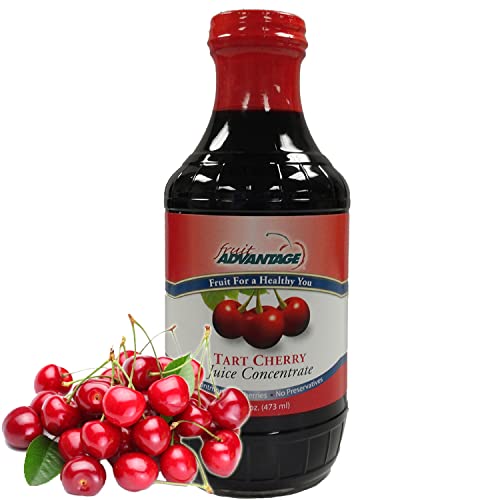 Fruit Advantage tart cherry concentrate glass bottle closeup highlights vivid color and pure flavor.
