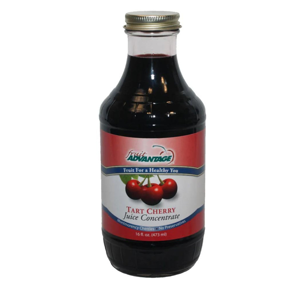 Fruit Advantage unsweetened tart cherry juice concentrate bottle shows pure, additive-free base.