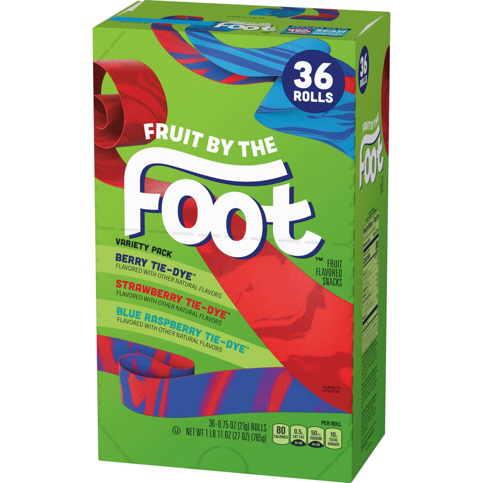Fruit by the Foot strawberry-berry tie-dye roll; chewy, gluten-free snack kids love.