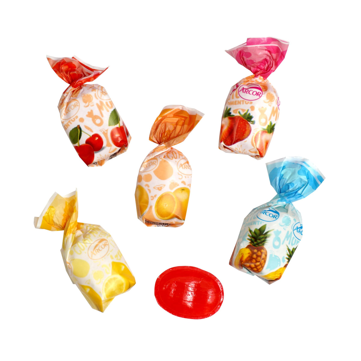 Close-up of fruit-filled hard candy showing shell and center flavors