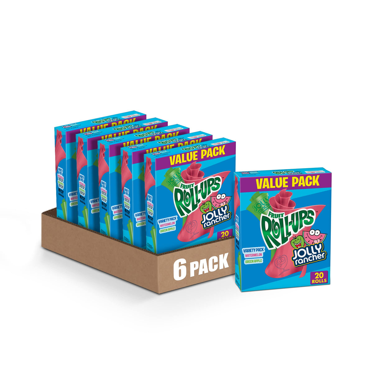 Fruit Roll-Ups Jolly Rancher Variety Pack front view, bright snacks for kids' lunchboxes.