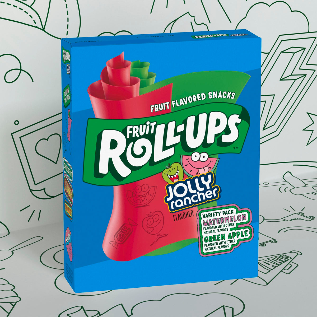 Inside view showing tongue tattoos included with Fruit Roll-Ups rolls.