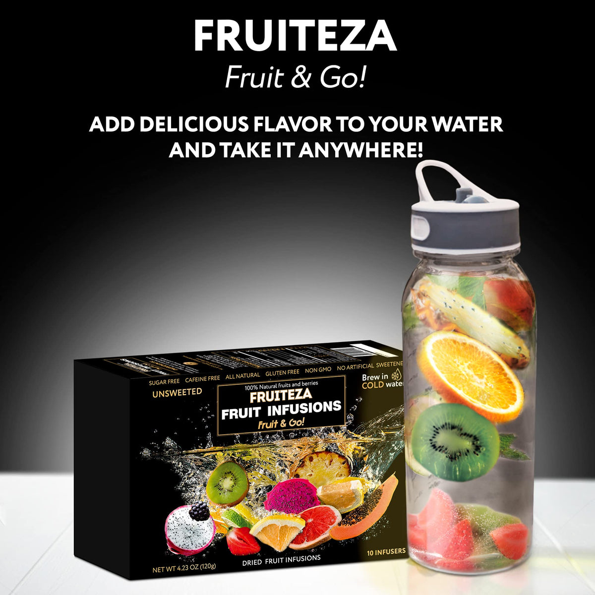 FRUITEZA Natural fruit infusion uses edible dried fruits for pure taste.