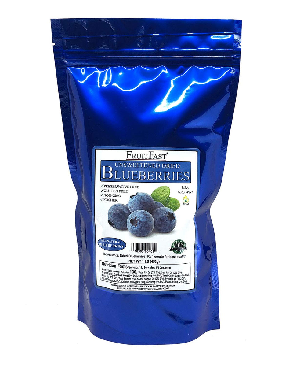 FruitFast unsweetened dried blueberries front label, 1 lb, convenient pantry snack.