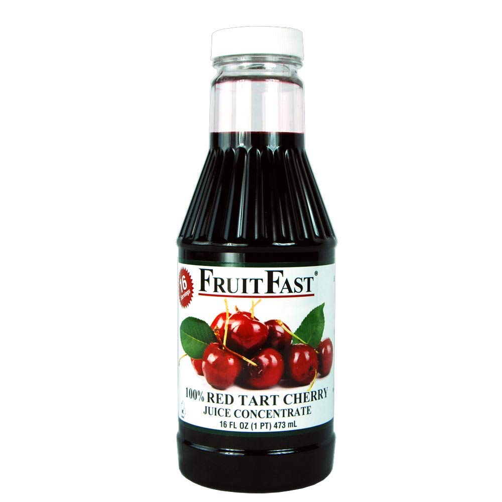 FruitFast Red Tart Cherry Juice bottle highlights concentrated extract for daily wellness.
