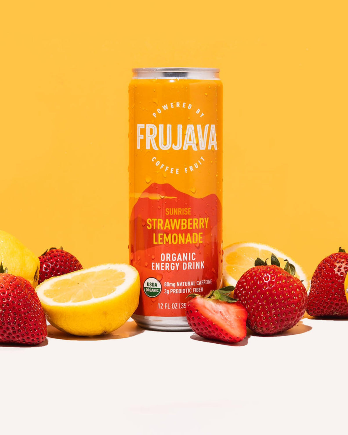 Frujava bottle showing 80mg natural caffeine for steady focus.