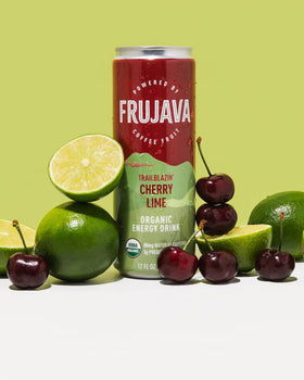 Frujava Trailblazin’ Cherry Lime label highlighting organic caffeine source