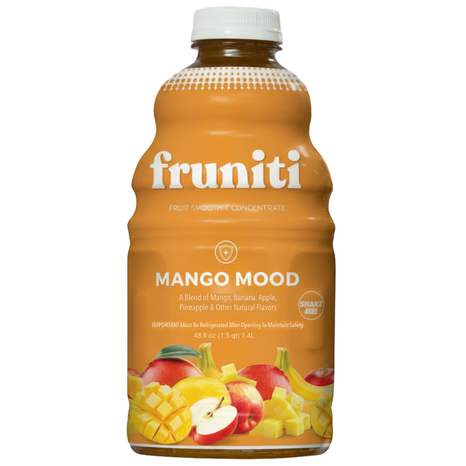 Fruniti Mango Smoothie Mix bottle on a kitchen counter, signaling quick, tasty nutrition.