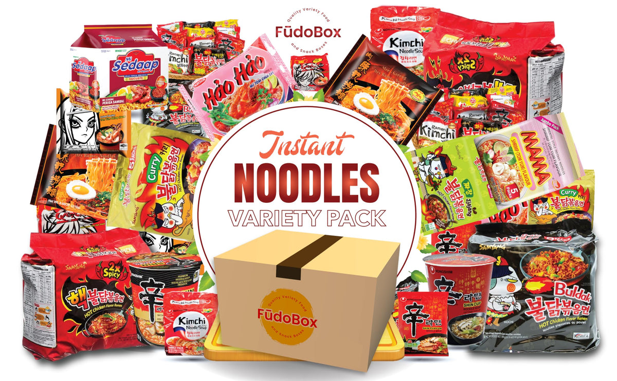 FUDOBOX Asian ramen variety pack collection showing diverse flavors for quick meals