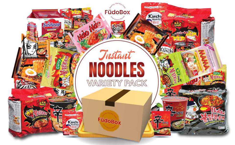 FUDOBOX Asian ramen variety pack collection showing diverse flavors for quick meals