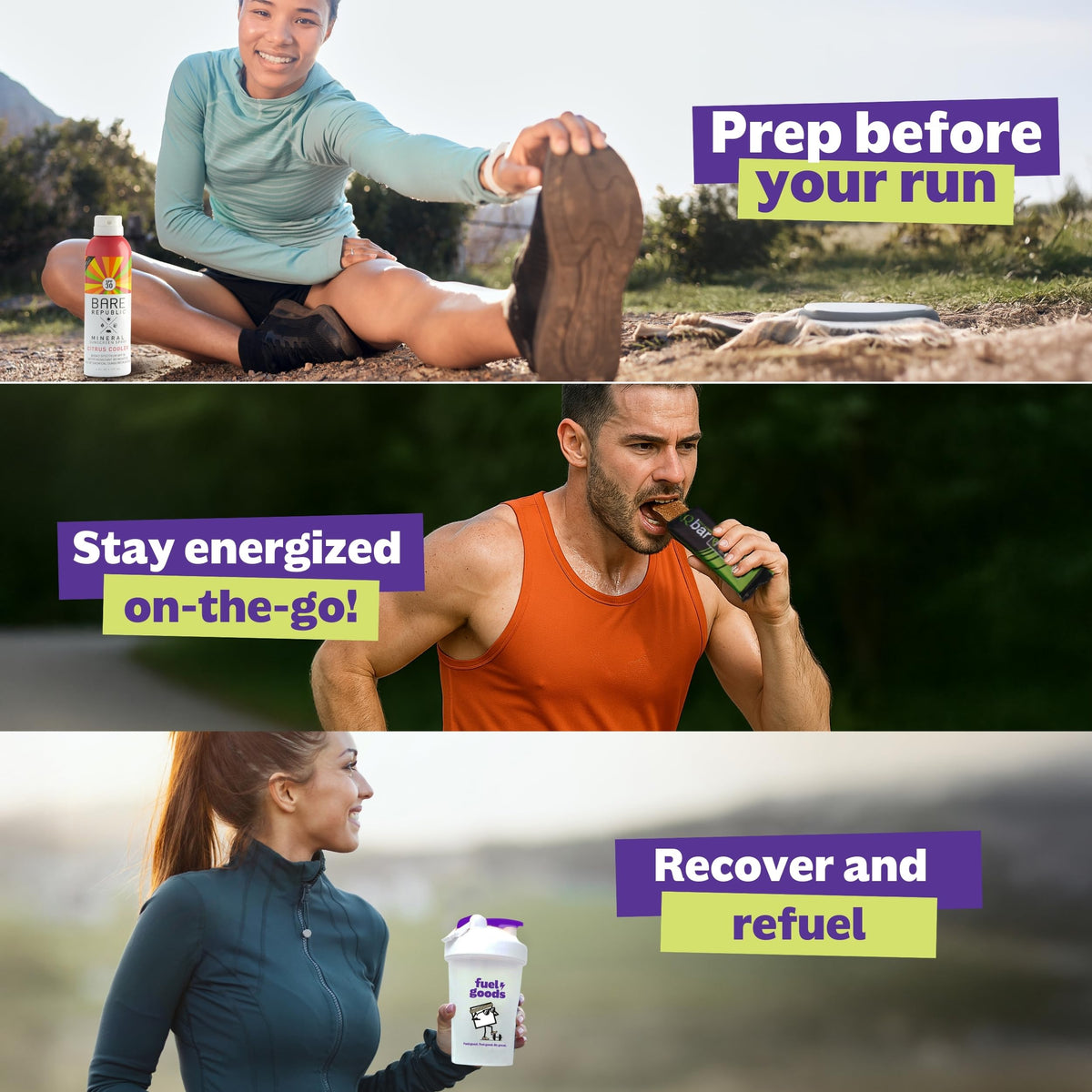 Diverse runners using Fuel Goods RunnerBox contents in different workouts
