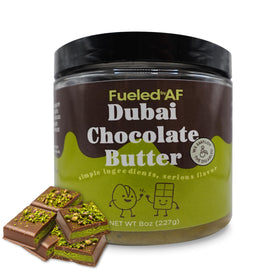 Fueled by AF Dubai Chocolate Spread jar shows premium pistachio butter for daily indulgence