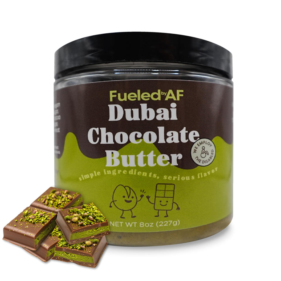 Fueled by AF Dubai Chocolate Spread jar shows premium pistachio butter for daily indulgence