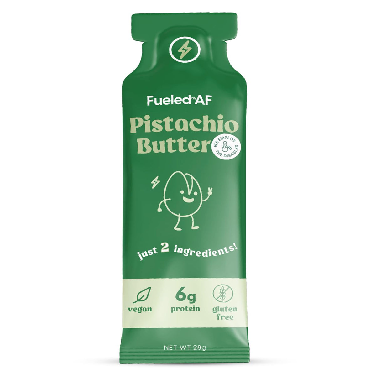 Fueled by AF pistachio butter pouch packaging shows a travel-ready snack.