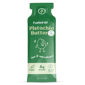 Fueled by AF pistachio butter pouch packaging shows a travel-ready snack.