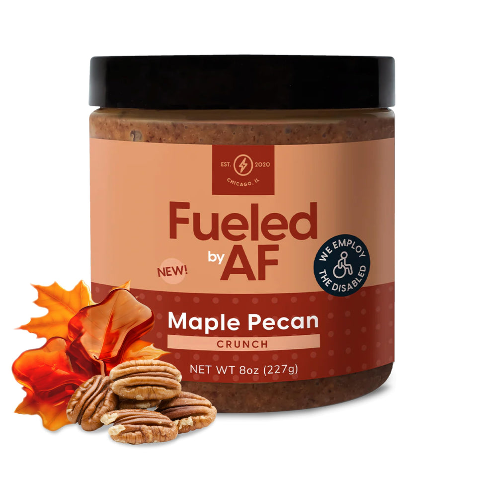 Fueled by AF Maple Pecan Crunch Butter jar front view, ideal breakfast spread.