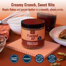 Fueled by AF Maple Pecan Crunch Butter jar label close-up, highlights vegan ingredients.
