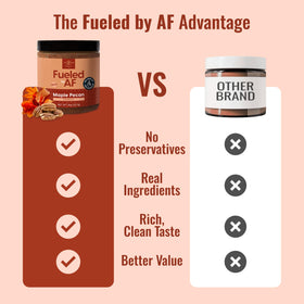 Fueled by AF Maple Pecan Crunch Butter on pancakes, a cozy breakfast topping.