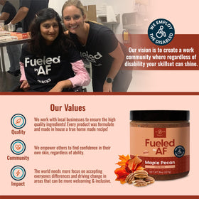 Fueled by AF Maple Pecan Crunch Butter jar side view, convenient 8-ounce size.