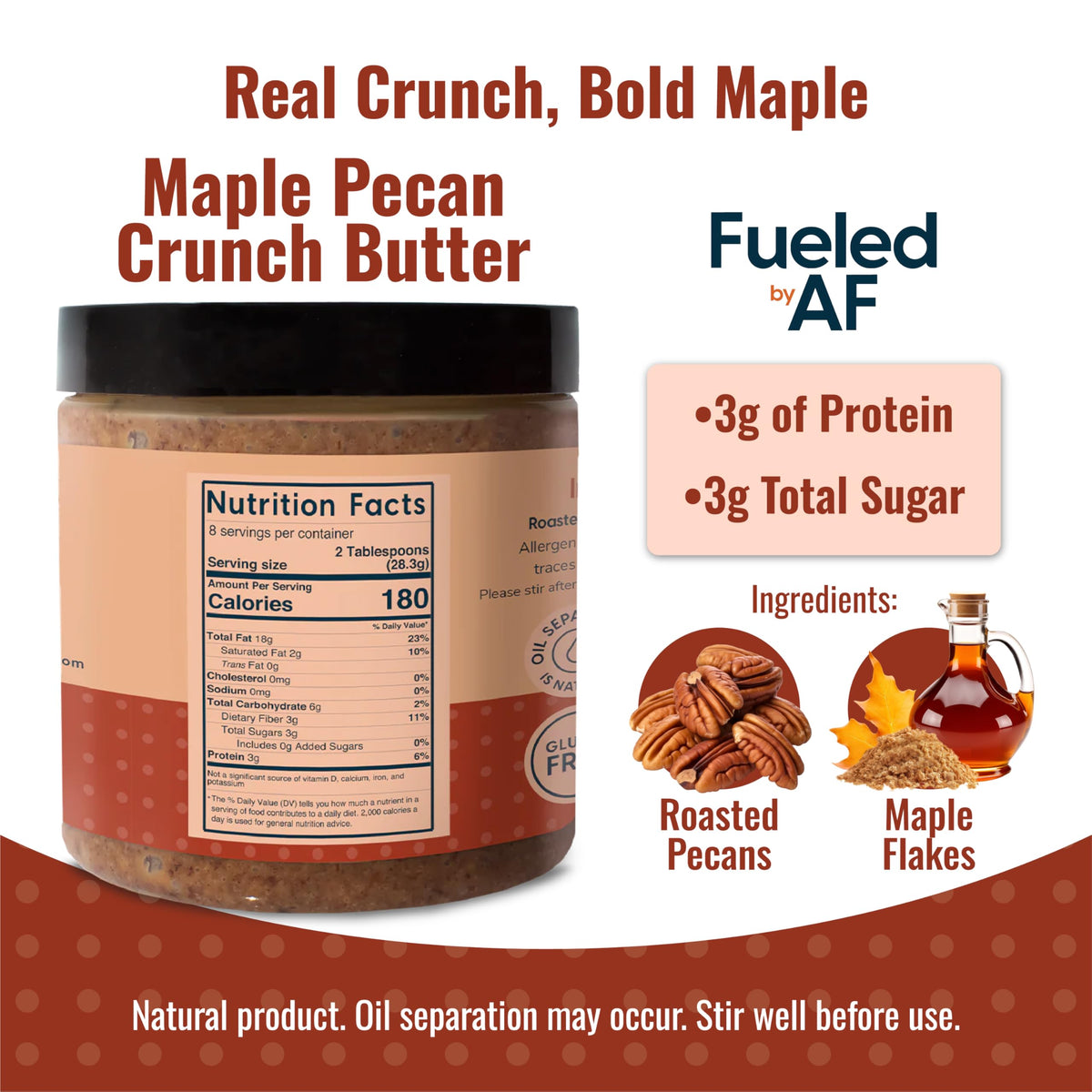 Fueled by AF Maple Pecan Crunch Butter jar spoonful, ready for snack time.