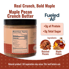 Fueled by AF Maple Pecan Crunch Butter jar spoonful, ready for snack time.