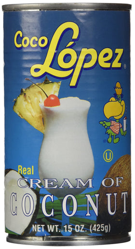 FUFSAWS Coco Lopez coconut cream can front, ready for cocktails and recipes.